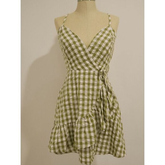 Juniors' Gingham Cotton Faux-Wrap Mini dress Size M - Picture 1 of 7